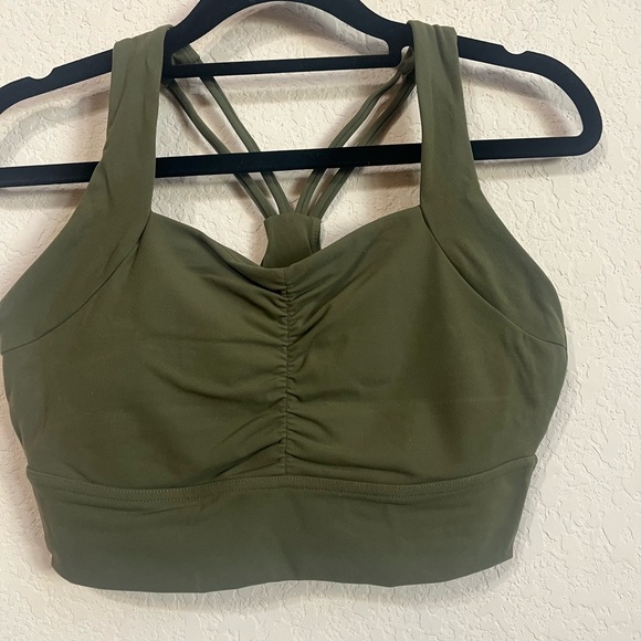 EUC Bloom Sports Bra Buffbunny Grounded Down Olive Color Ruched Front - Picture 2 of 5
